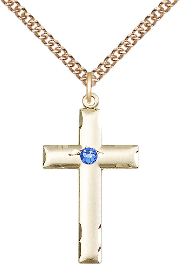 14kt Gold Filled Cross Pendant with a 3mm Sapphire Swarovski stone on a 24 inch Gold Filled Heavy Curb chain