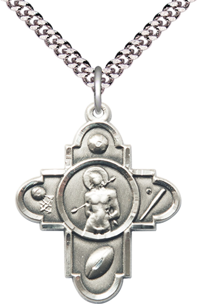 Sterling Silver 5-Way St Sebastian Pendant on a 24 inch Light Rhodium Heavy Curb chain