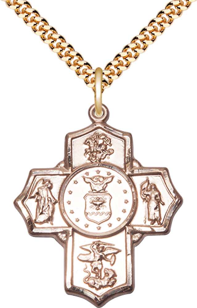 14kt Gold Filled 5-Way Air Force Pendant on a 24 inch Gold Plate Heavy Curb chain