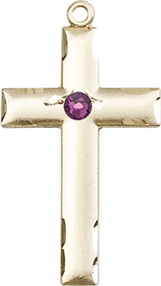 14kt Gold Cross Medal with a 3mm Amethyst Swarovski stone