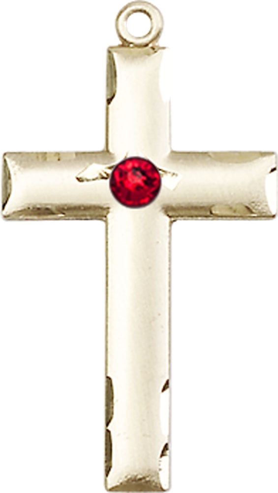 14kt Gold Cross Medal with a 3mm Ruby Swarovski stone