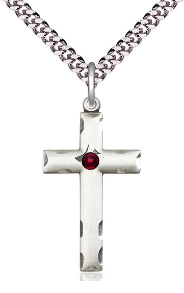 Sterling Silver Cross Pendant with a 3mm Garnet Swarovski stone on a 24 inch Light Rhodium Heavy Curb chain