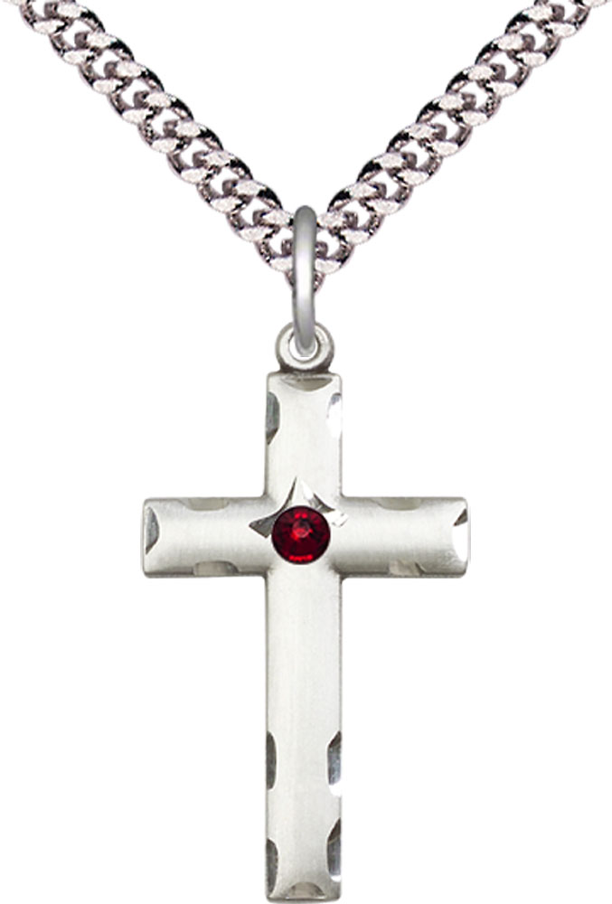 Sterling Silver Cross Pendant with a 3mm Garnet Swarovski stone on a 24 inch Light Rhodium Heavy Curb chain