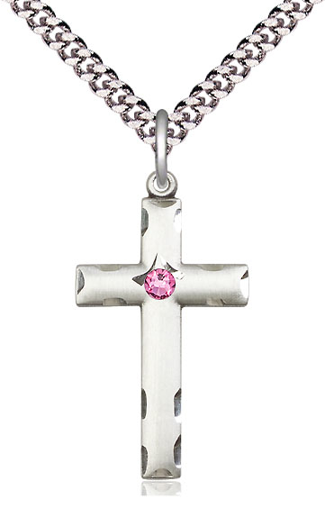 Sterling Silver Cross Pendant with a 3mm Rose Swarovski stone on a 24 inch Light Rhodium Heavy Curb chain