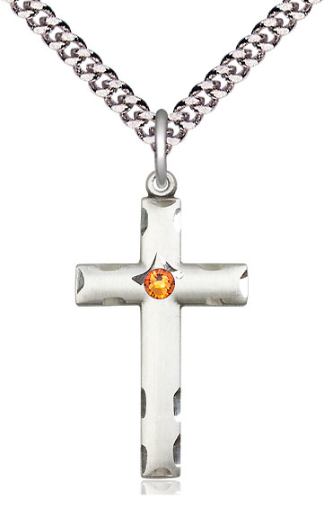 Sterling Silver Cross Pendant with a 3mm Topaz Swarovski stone on a 24 inch Light Rhodium Heavy Curb chain
