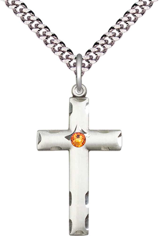 Sterling Silver Cross Pendant with a 3mm Topaz Swarovski stone on a 24 inch Light Rhodium Heavy Curb chain