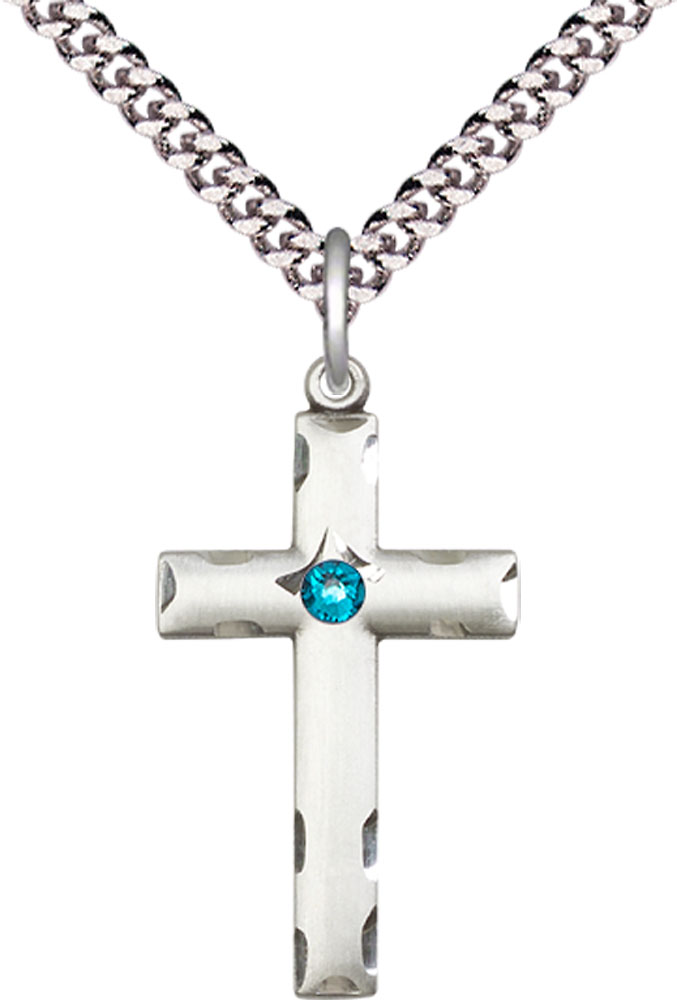 Sterling Silver Cross Pendant with a 3mm Zircon Swarovski stone on a 24 inch Light Rhodium Heavy Curb chain