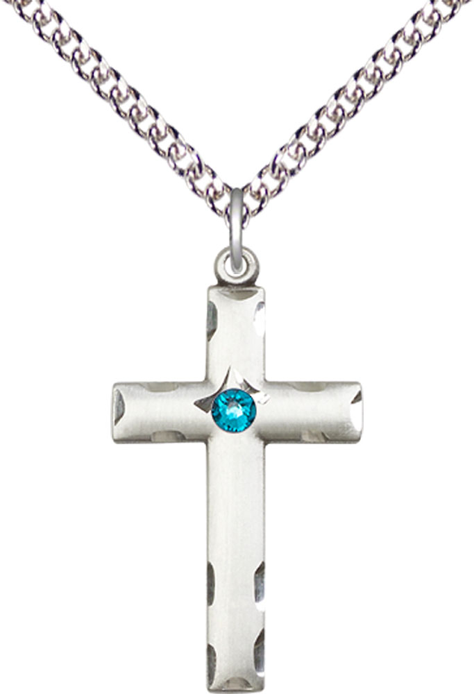 Sterling Silver Cross Pendant with a 3mm Zircon Swarovski stone on a 24 inch Sterling Silver Heavy Curb chain