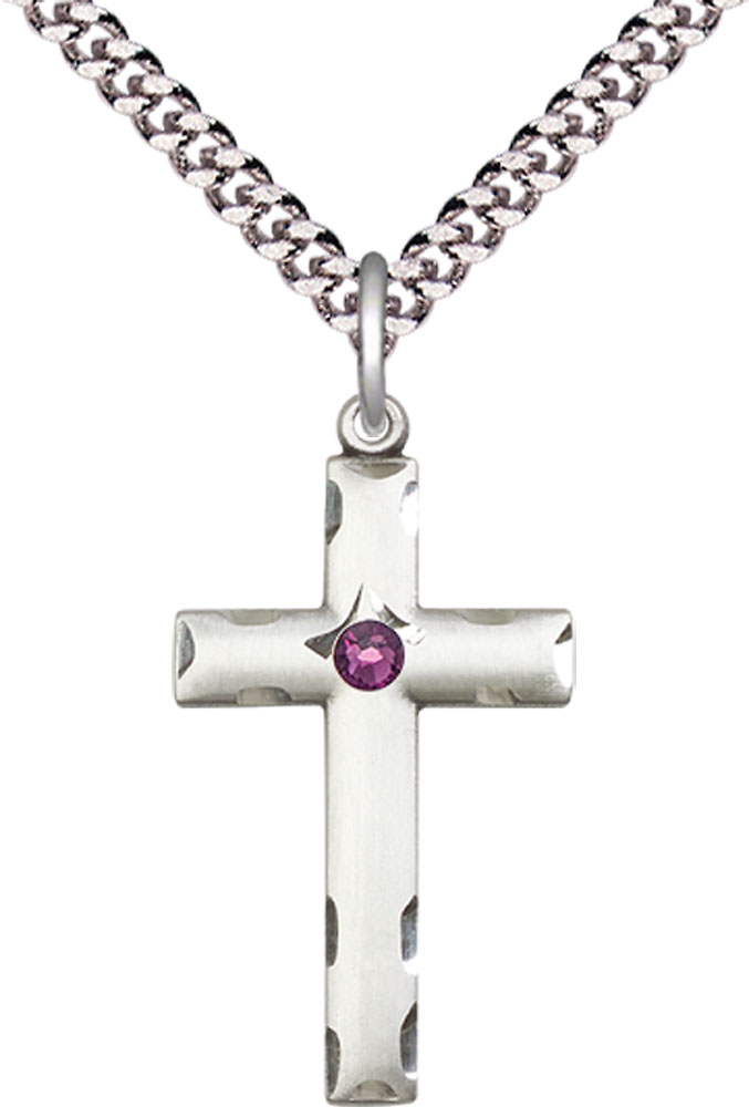 Sterling Silver Cross Pendant with a 3mm Amethyst Swarovski stone on a 24 inch Light Rhodium Heavy Curb chain