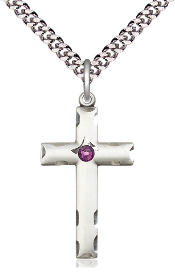 Sterling Silver Cross Pendant with a 3mm Amethyst Swarovski stone on a 24 inch Light Rhodium Heavy Curb chain