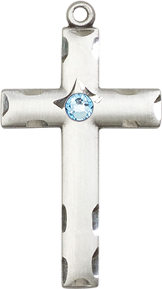 Sterling Silver Cross Medal with a 3mm Aqua Swarovski stone