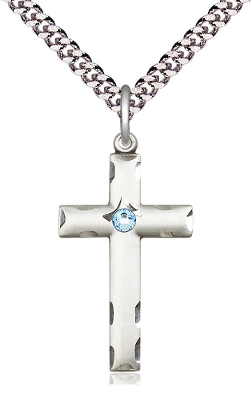 Sterling Silver Cross Pendant with a 3mm Aqua Swarovski stone on a 24 inch Light Rhodium Heavy Curb chain