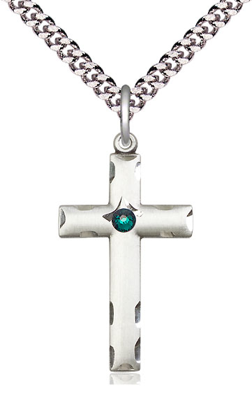 Sterling Silver Cross Pendant with a 3mm Emerald Swarovski stone on a 24 inch Light Rhodium Heavy Curb chain