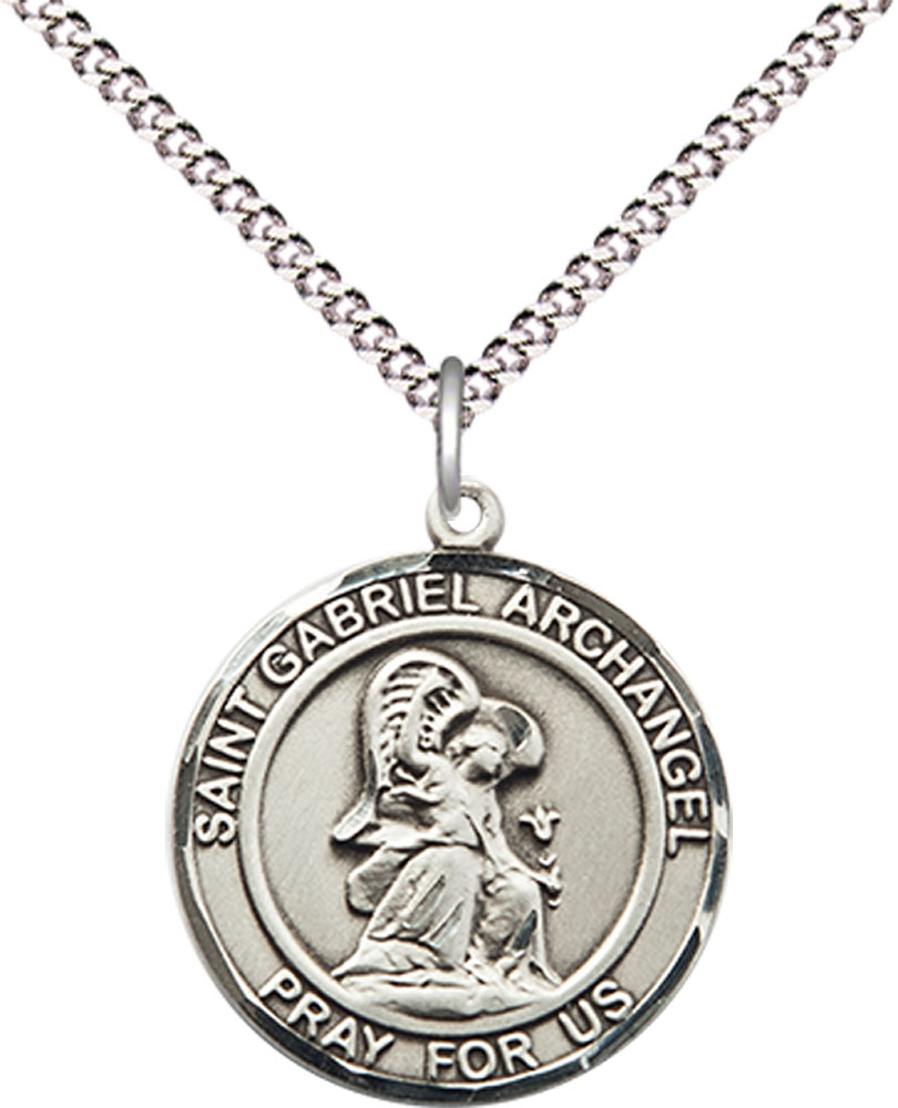 Sterling Silver Saint Gabriel the Archangel Pendant on a 18 inch Light Rhodium Light Curb chain