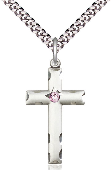 Sterling Silver Cross Pendant with a 3mm Light Amethyst Swarovski stone on a 24 inch Light Rhodium Heavy Curb chain