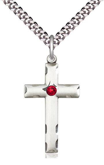 Sterling Silver Cross Pendant with a 3mm Ruby Swarovski stone on a 24 inch Light Rhodium Heavy Curb chain