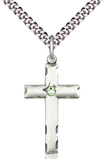 Sterling Silver Cross Pendant with a 3mm Peridot Swarovski stone on a 24 inch Light Rhodium Heavy Curb chain