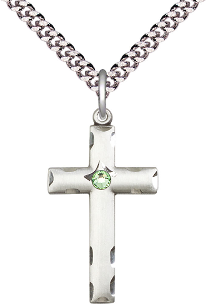 Sterling Silver Cross Pendant with a 3mm Peridot Swarovski stone on a 24 inch Light Rhodium Heavy Curb chain