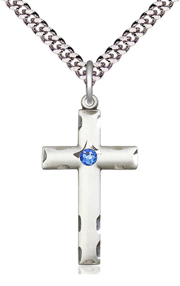 Sterling Silver Cross Pendant with a 3mm Sapphire Swarovski stone on a 24 inch Light Rhodium Heavy Curb chain