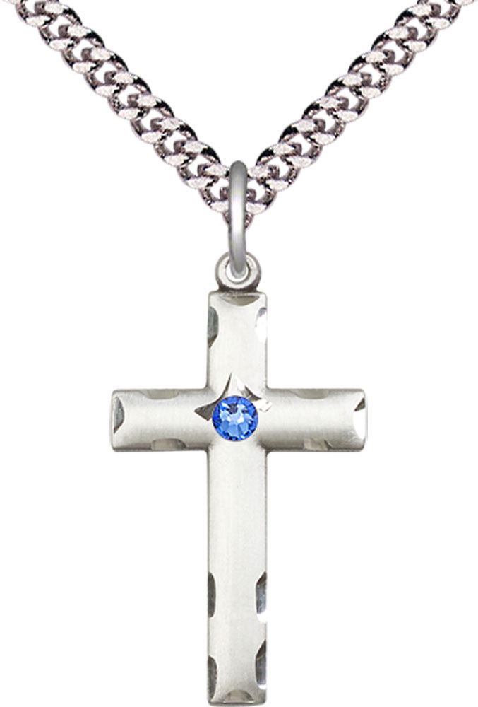 Sterling Silver Cross Pendant with a 3mm Sapphire Swarovski stone on a 24 inch Light Rhodium Heavy Curb chain