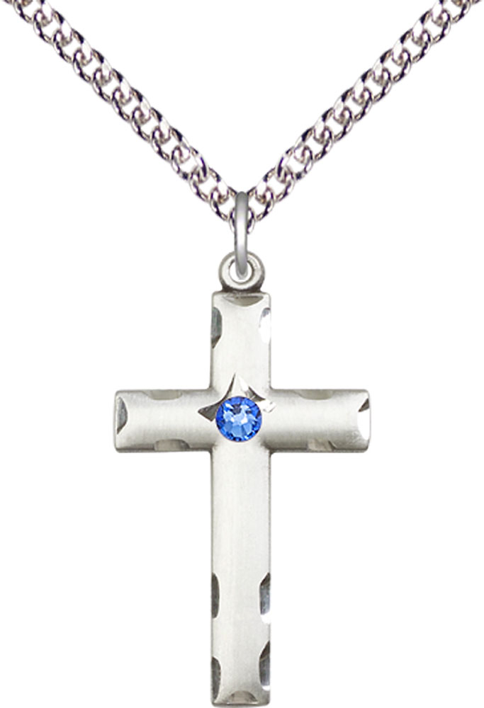 Sterling Silver Cross Pendant with a 3mm Sapphire Swarovski stone on a 24 inch Sterling Silver Heavy Curb chain