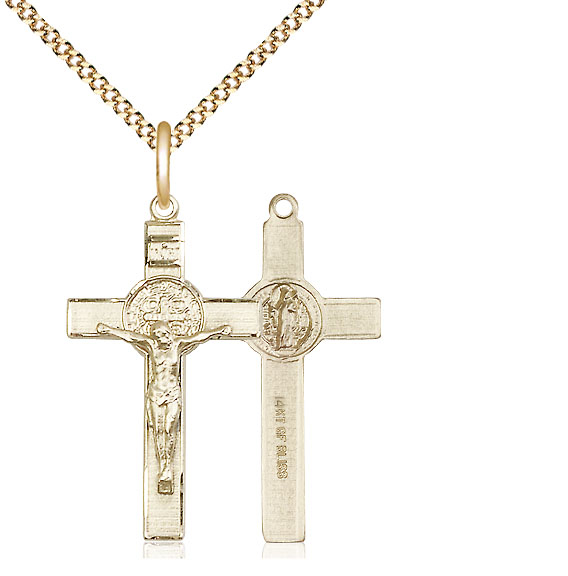 14kt Gold Filled Saint Benedict Crucifix Pendant on a 18 inch Gold Plate Light Curb chain