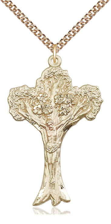 14kt Gold Filled Tree of Life Crucifix Pendant on a 24 inch Gold Filled Heavy Curb chain