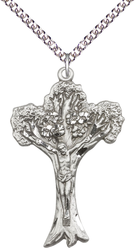 Sterling Silver Tree of Life Crucifix Pendant on a 24 inch Sterling Silver Heavy Curb chain