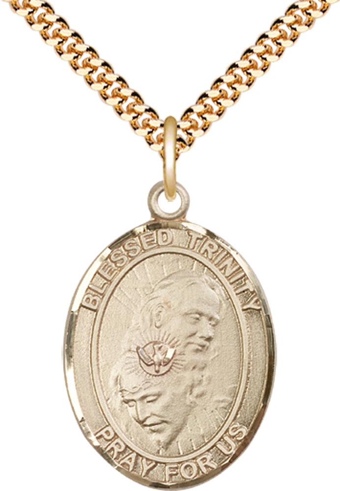 14kt Gold Filled Blessed Trinity Pendant on a 24 inch Gold Plate Heavy Curb chain
