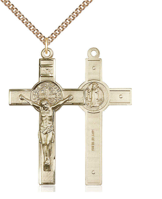 14kt Gold Filled Saint Benedict Crucifix Pendant on a 24 inch Gold Filled Heavy Curb chain
