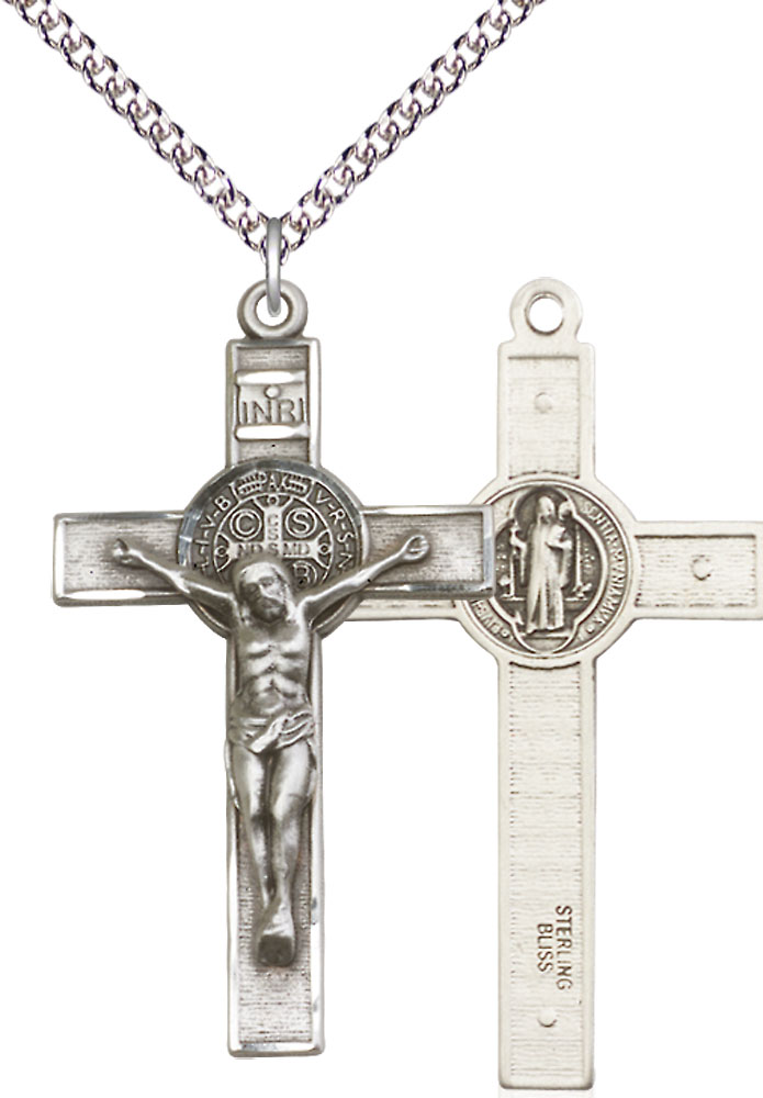 Sterling Silver Saint Benedict Crucifix Pendant on a 24 inch Sterling Silver Heavy Curb chain