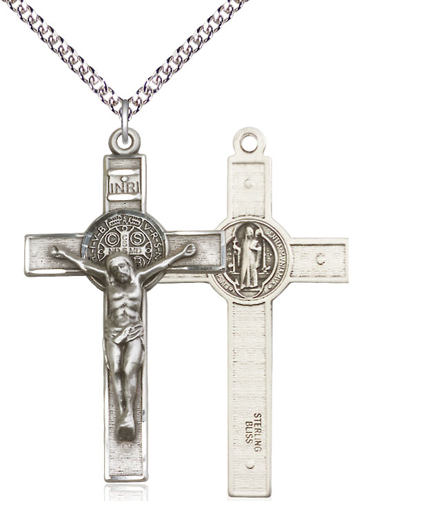 Sterling Silver Saint Benedict Crucifix Pendant on a 24 inch Sterling Silver Heavy Curb chain