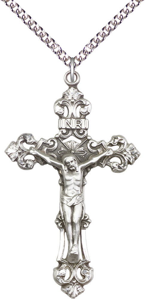 Sterling Silver Crucifix Pendant on a 24 inch Sterling Silver Heavy Curb chain