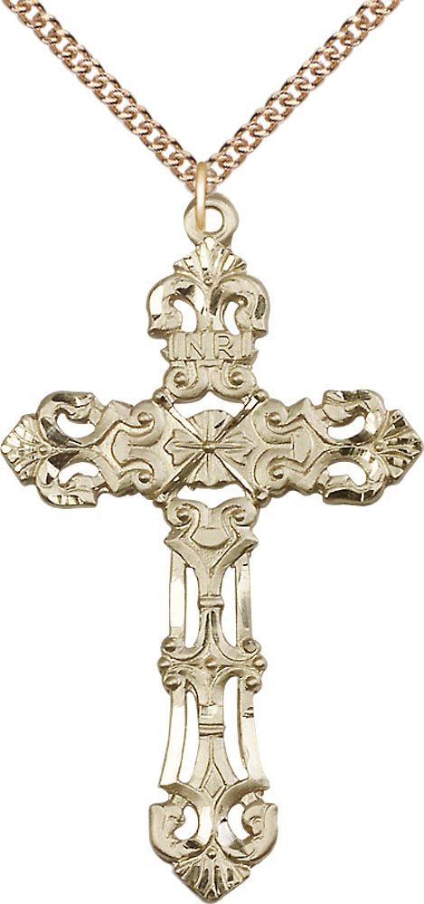 14kt Gold Filled Cross Pendant on a 24 inch Gold Filled Heavy Curb chain