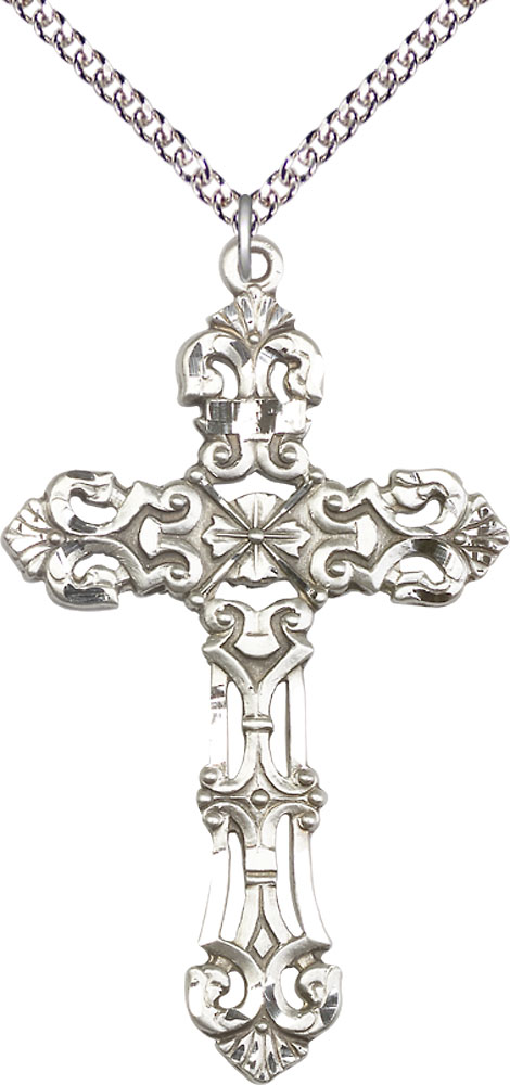 Sterling Silver Cross Pendant on a 24 inch Sterling Silver Heavy Curb chain
