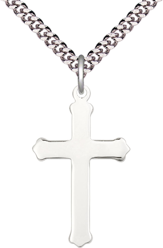 Sterling Silver Cross Pendant on a 24 inch Light Rhodium Heavy Curb chain