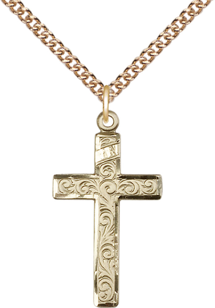 14kt Gold Filled Cross Pendant on a 24 inch Gold Filled Heavy Curb chain