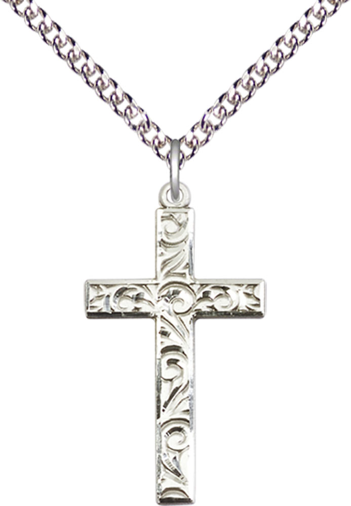 Sterling Silver Cross Pendant on a 24 inch Sterling Silver Heavy Curb chain
