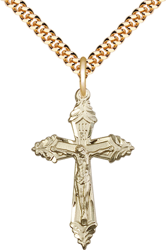 14kt Gold Filled Crucifix Pendant on a 24 inch Gold Plate Heavy Curb chain