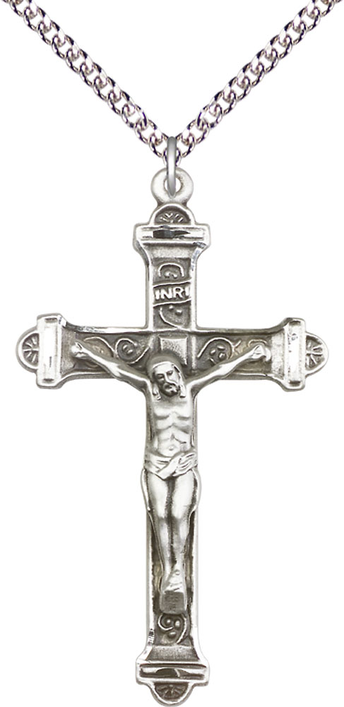 Sterling Silver Crucifix Pendant on a 24 inch Sterling Silver Heavy Curb chain