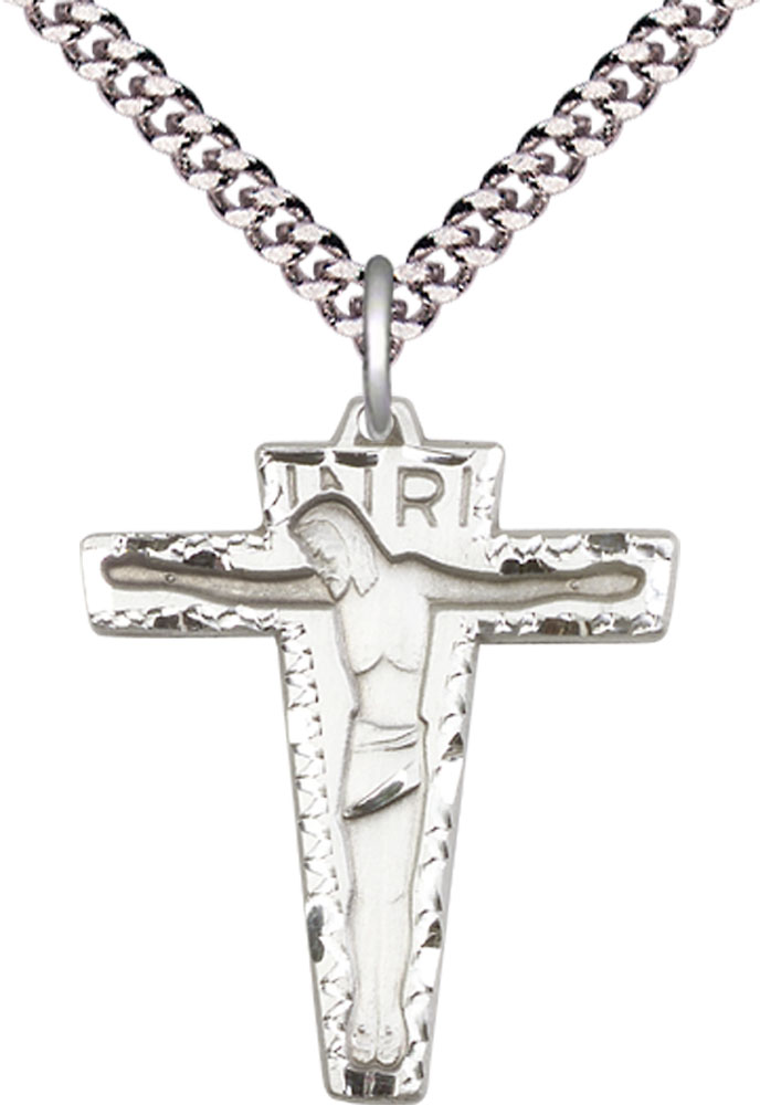 Sterling Silver Primative Crucifix Pendant on a 24 inch Light Rhodium Heavy Curb chain
