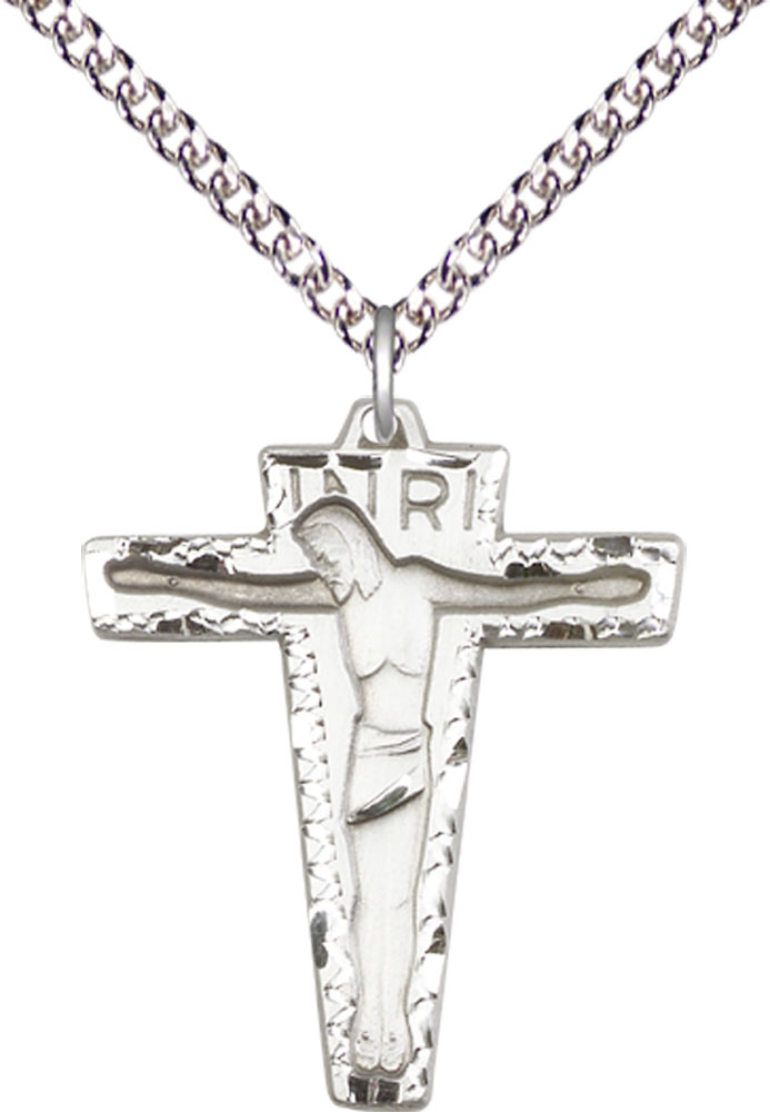 Sterling Silver Primative Crucifix Pendant on a 24 inch Sterling Silver Heavy Curb chain