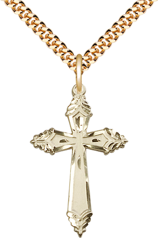 14kt Gold Filled Cross Pendant on a 24 inch Gold Plate Heavy Curb chain