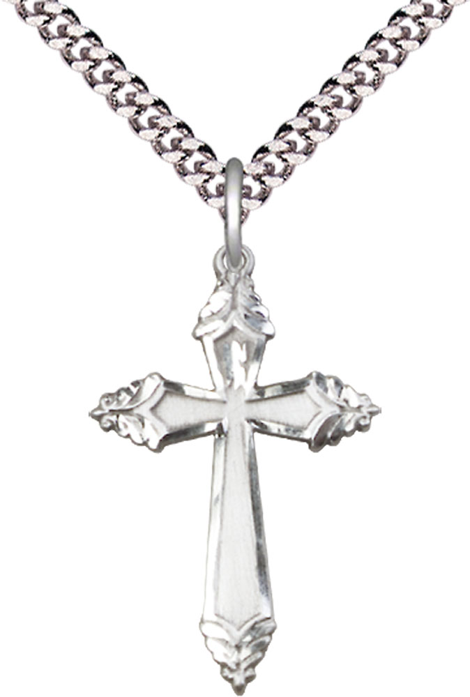 Sterling Silver Cross Pendant on a 24 inch Light Rhodium Heavy Curb chain