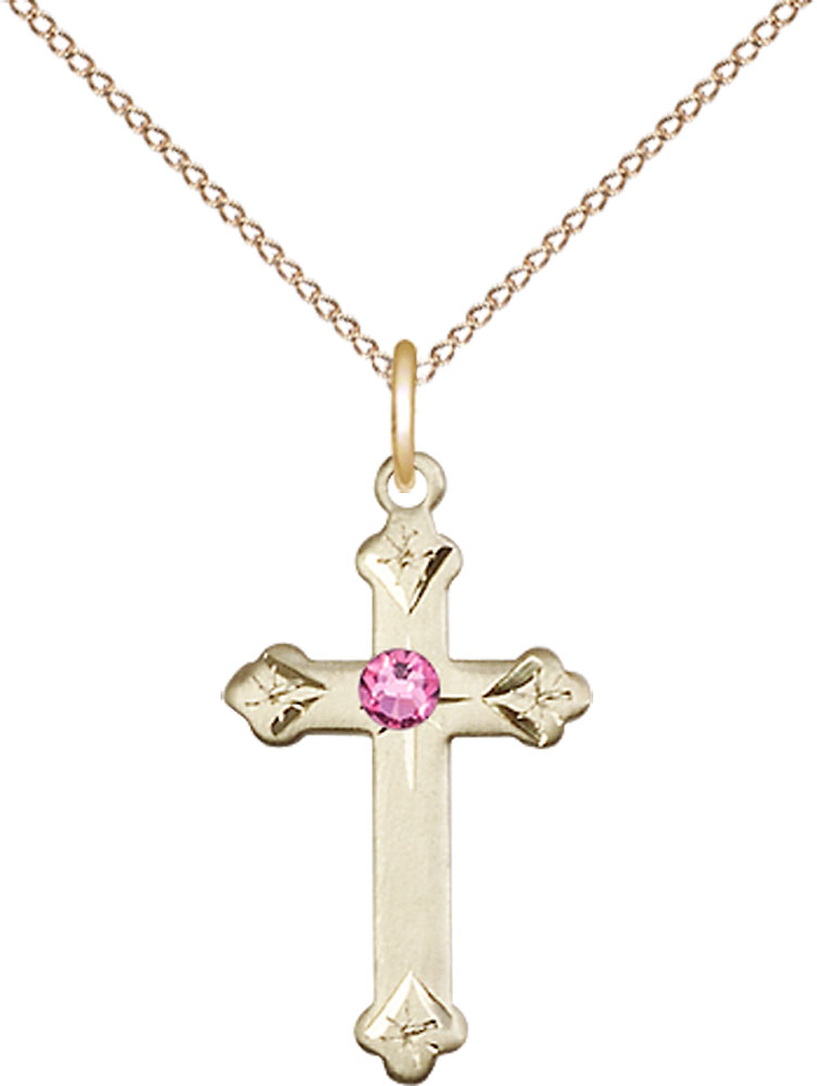 14kt Gold Filled Cross Pendant with a 3mm Rose Swarovski stone on a 18 inch Gold Filled Light Curb chain