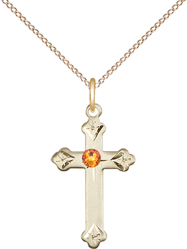 14kt Gold Filled Cross Pendant with a 3mm Topaz Swarovski stone on a 18 inch Gold Filled Light Curb chain