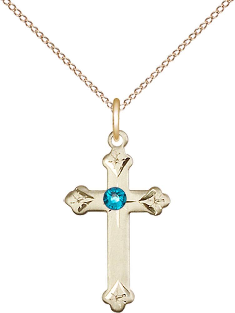 14kt Gold Filled Cross Pendant with a 3mm Zircon Swarovski stone on a 18 inch Gold Filled Light Curb chain