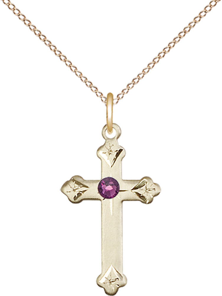 14kt Gold Filled Cross Pendant with a 3mm Amethyst Swarovski stone on a 18 inch Gold Filled Light Curb chain