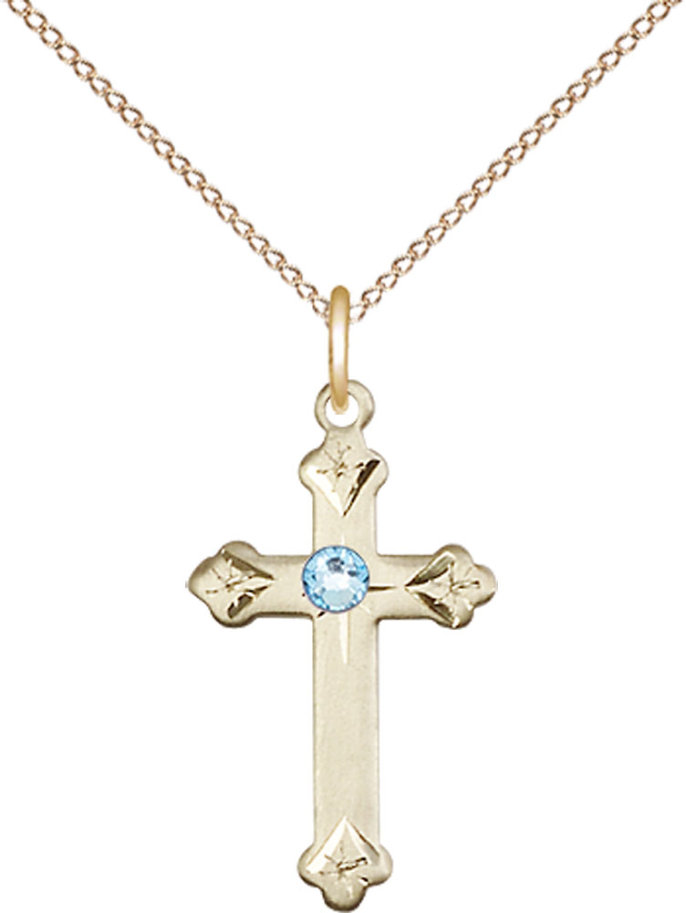 14kt Gold Filled Cross Pendant with a 3mm Aqua Swarovski stone on a 18 inch Gold Filled Light Curb chain