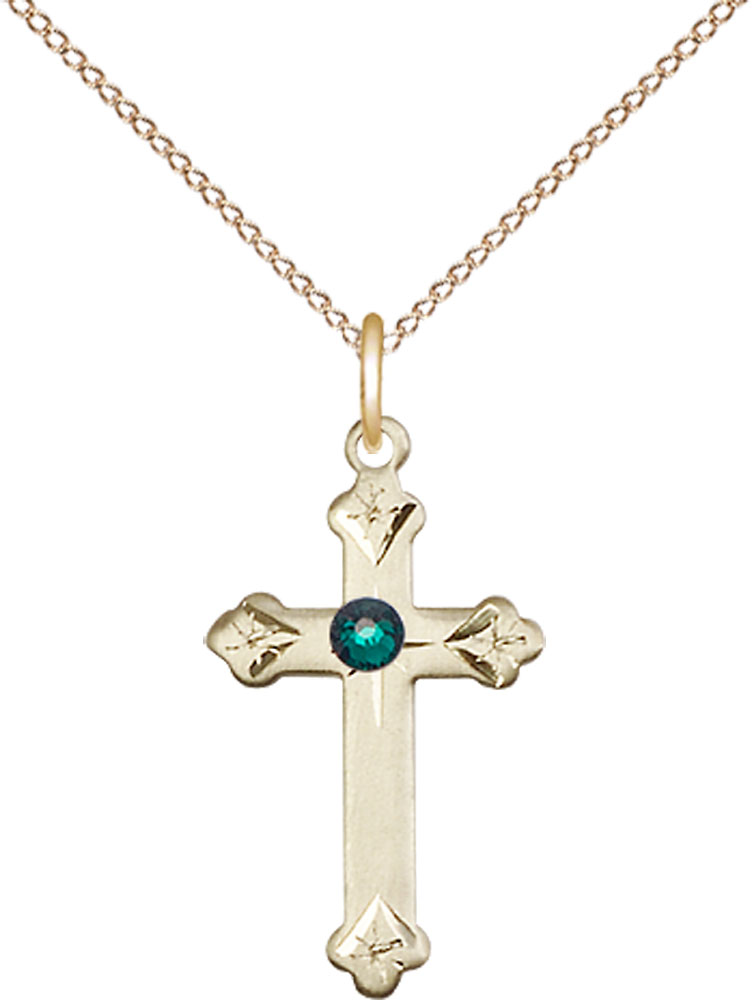14kt Gold Filled Cross Pendant with a 3mm Emerald Swarovski stone on a 18 inch Gold Filled Light Curb chain